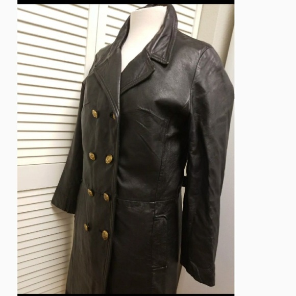 🌼SOLD! Vintage Leather Trench Coat, Brass Buttons - Picture 2 of 8